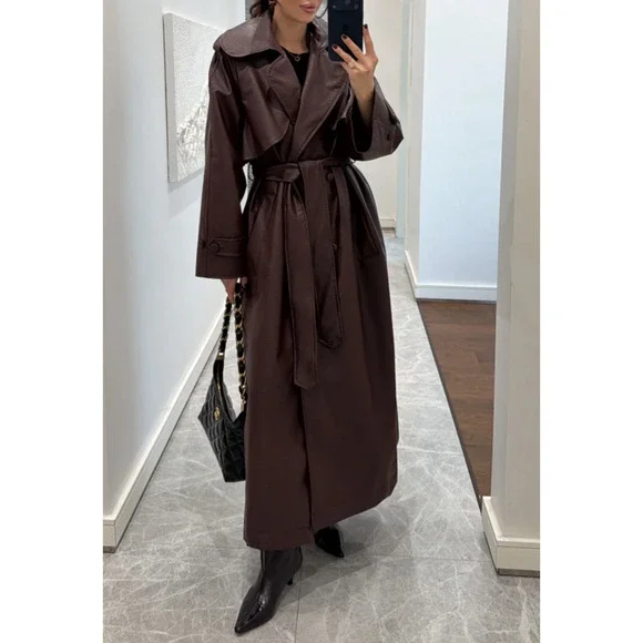 Burgundy Faux Leather Trench Coat Long Belted Jacket Women Oversized Fall - Picture 5 of 10